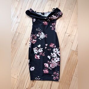 Promesa Black Floral Off Shoulder Bodycon Midi Dress | Cocktail / Wedding Guest